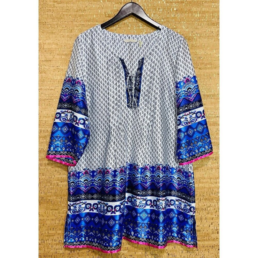 Soft Surroundings Blue, Pink & White Boho V-Neck Satin 3/4 Sleeve Blouse Top